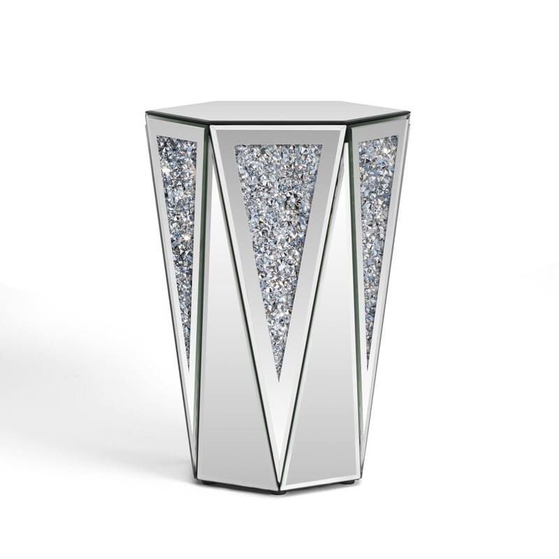 Hexagonal Mirror Top End Table with Crystal-Inlaid