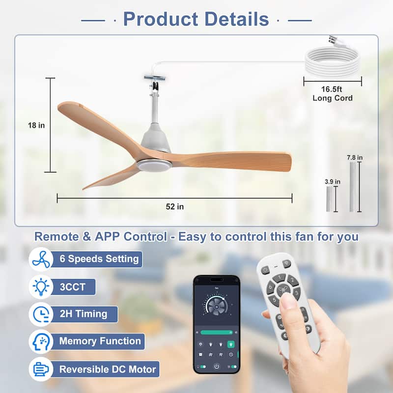 Outdoor Ceiling Fan with Light: Plug-in Hanging Fan, Remote App Control, 3CCT, 6-Speed
