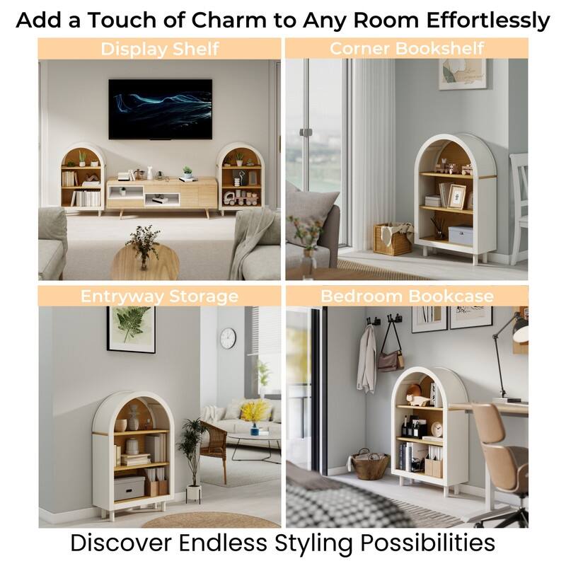 Freestanding Modern Arched Small Bookcase, Storage Cabinet with 3-Tier Storage Shelf