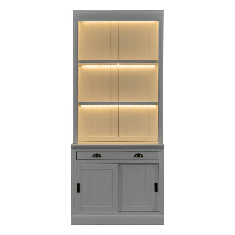 Modern Bookshelf Suite, 83.4" Wood Bookcase with Doors & Drawers, 4-Tier Large Storage Cabinet, Large LED Display Shelf