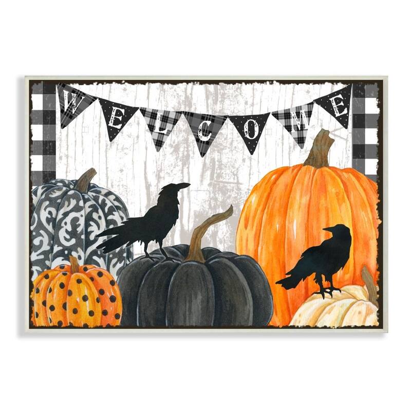 Stupell Welcome Halloween Sign Painted Pumpkin Designs Wood Wall Art - Multi-Color - Small