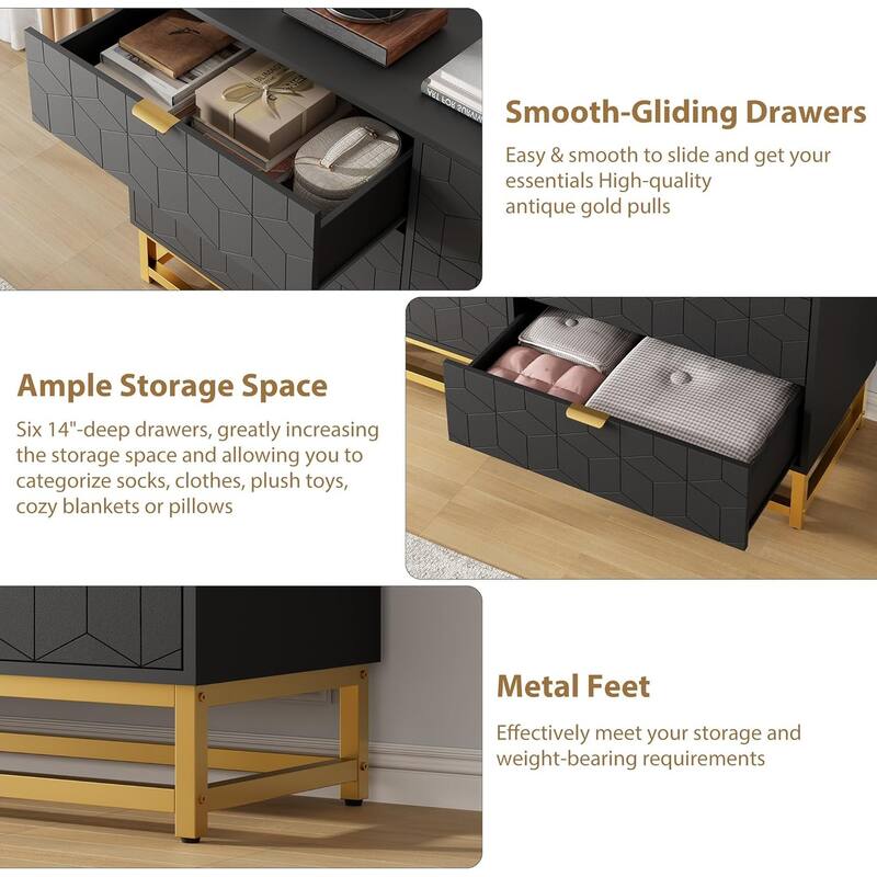 6 Drawer Dresser for Bedroom, Wide Chest with Storage Drawers and Metal Legs for Living Room or Entryway