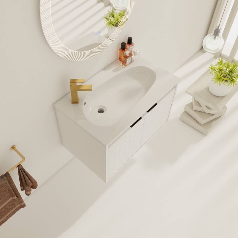 White Double-Door Wall-Mounted Vanity with Drop-Shaped Resin Sink, Soft-Close Hinges, and Hidden Metal Handles