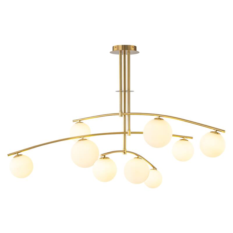Modern Brass Sputnik Linear Opal Frosted Glass Globe Semi-Flush Mount Light
