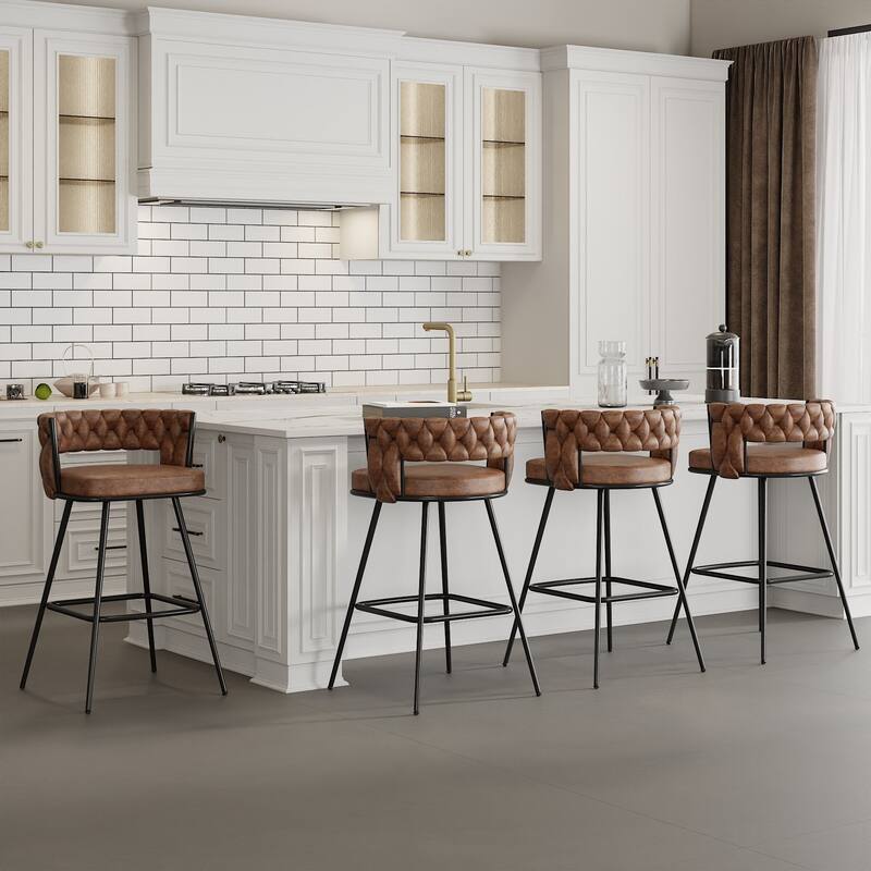 Javlergo Set of 2/4/6 Counter Height Bar Stools 26.77" Upholstered Woven Back Bar Chairs with Armrests and Footrest - Brown - Set of 4