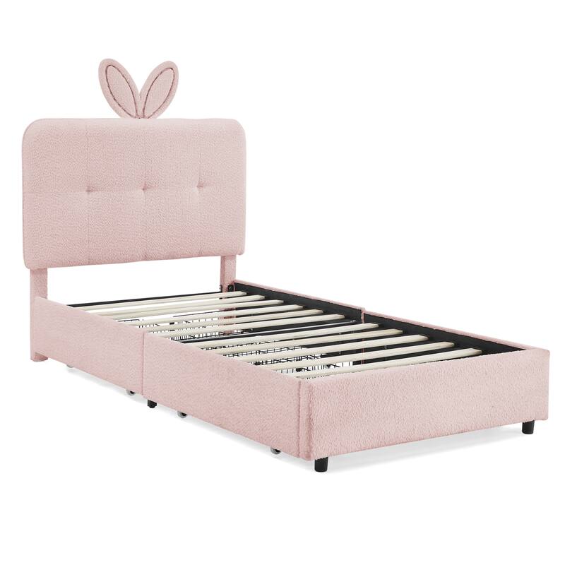 Kids Boucle Upholstered Bed with Rabbit Ear Headboard, LED Music Sync & 4 Drawers