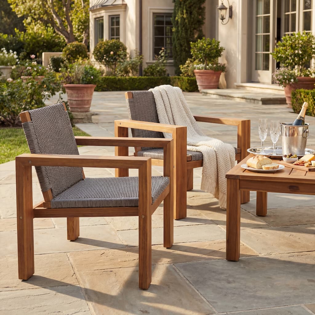 Christopher Knight Home - Set of 2 Outdoor Acacia Wood Club Chair with Wicker Backrests - Set of 2