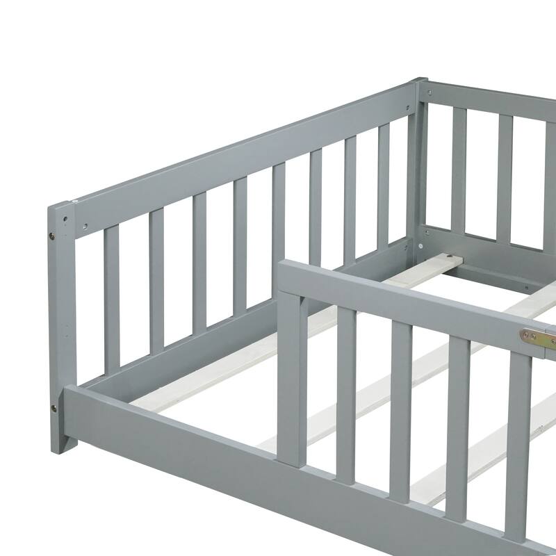 Roomfitters Twin Rubber Wood Floor Bed with Fence, Safety Guardrails, Low Profile Platform Design