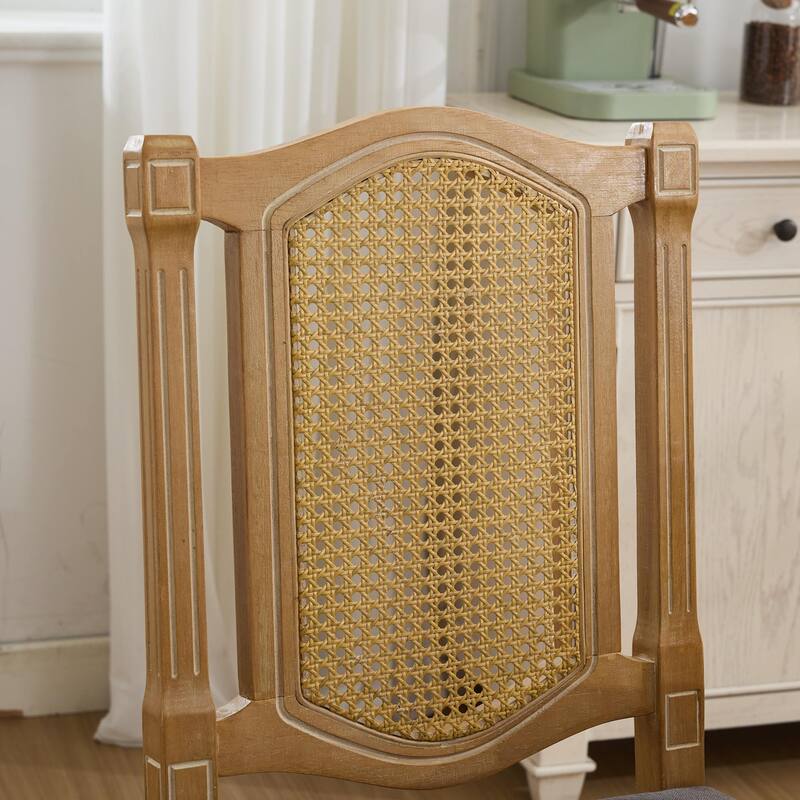 Set of 2 Full Solid Wood Rattan-Back Dining Chair, Matte Linen Cushion with High-Resilience Foam & S-Springs