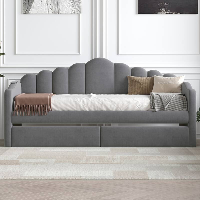 Velvet Twin Daybed with Storage Drawers and USB Ports, No Box-Spring Needed