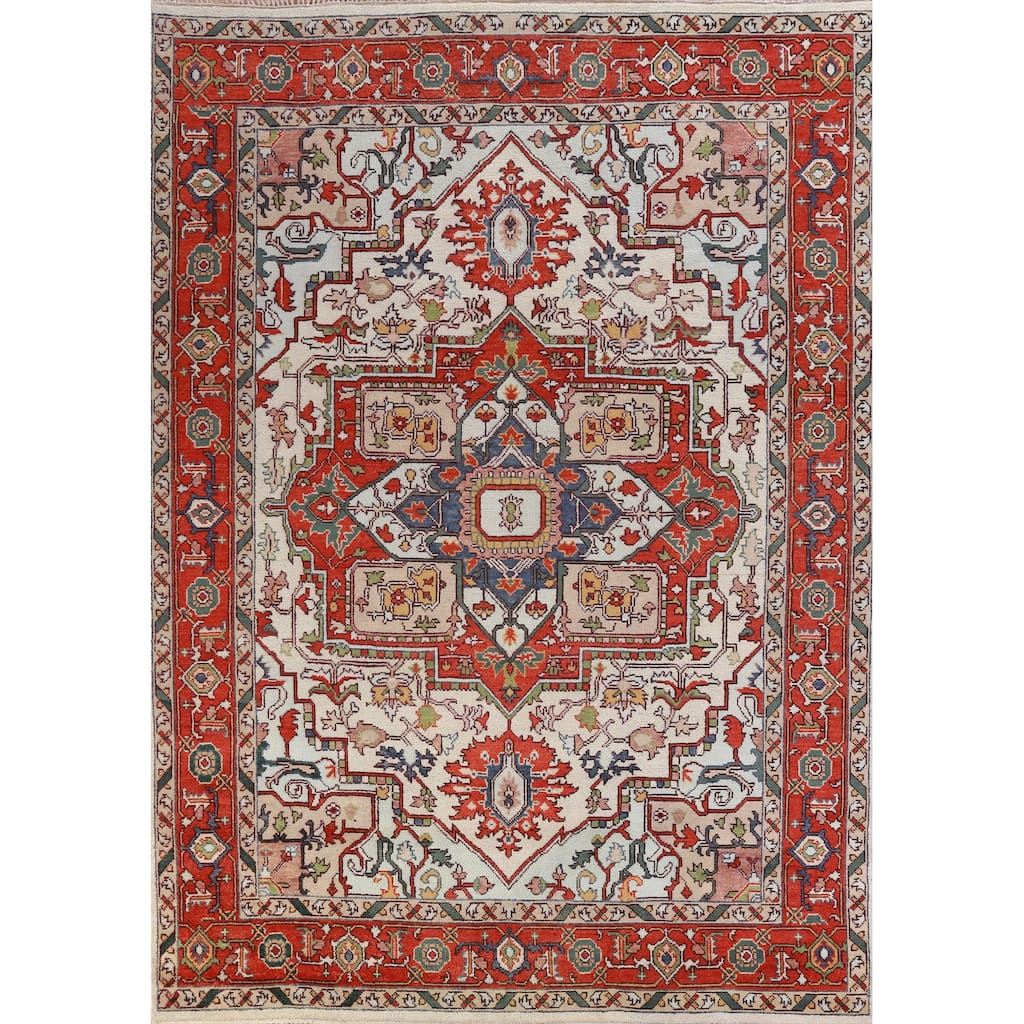 Hand Knotted Oriental 100% Wool Carpet Traditional Medallion Beige & Ivories Heriz (serapi) Area Rug - 12' 0'' X 9' 1''