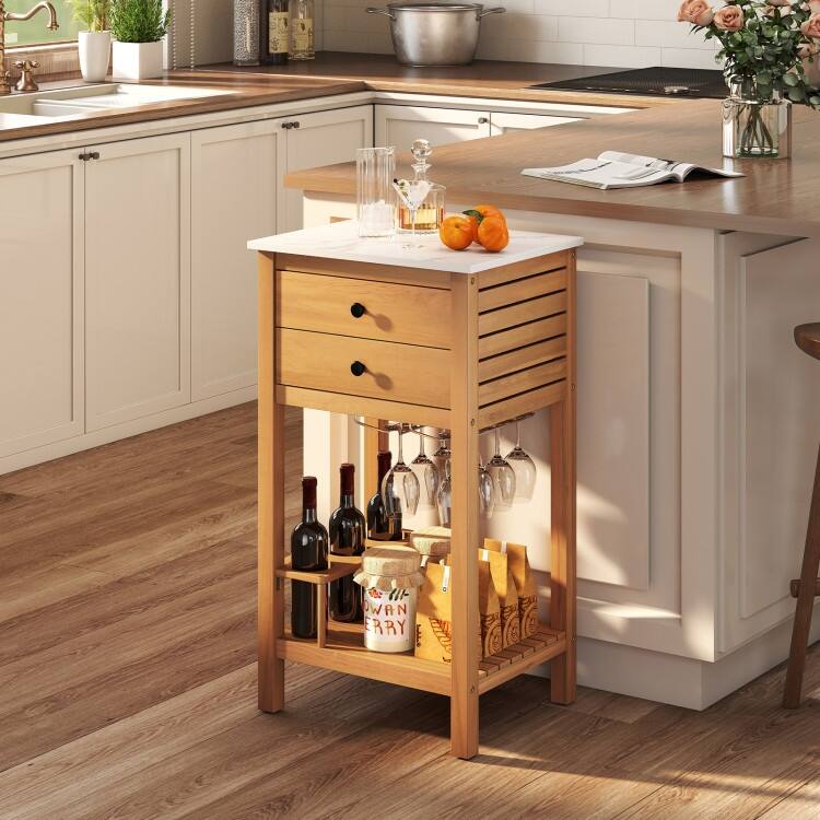 Natural Acacia Wood Resin Outdoor Buffet Cabinet with Faux Marble Top and Drawers - 20" x 16" x 36"
