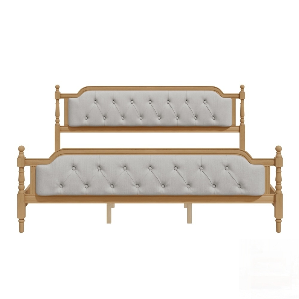 Traditional Style Solid Wood Bed Frame with Upholstered Tufted Headboard
