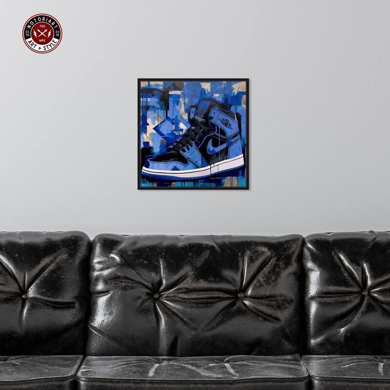 Notoriart Blue Brush Sneakers Framed Sneaker 1 Piece Canvas Wall Art