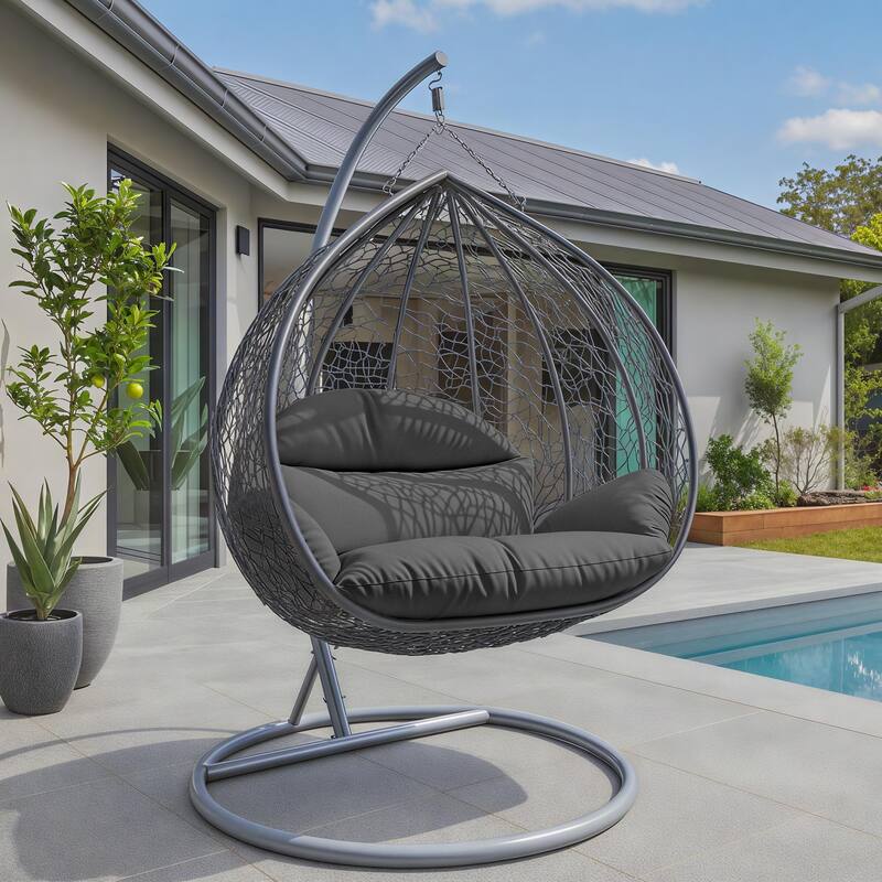 2-Person Egg Swing Chair with Grey Stainless Steel Frame, Cushioned 2-Seater Porch Swing for Outdoor and Indoor Use
