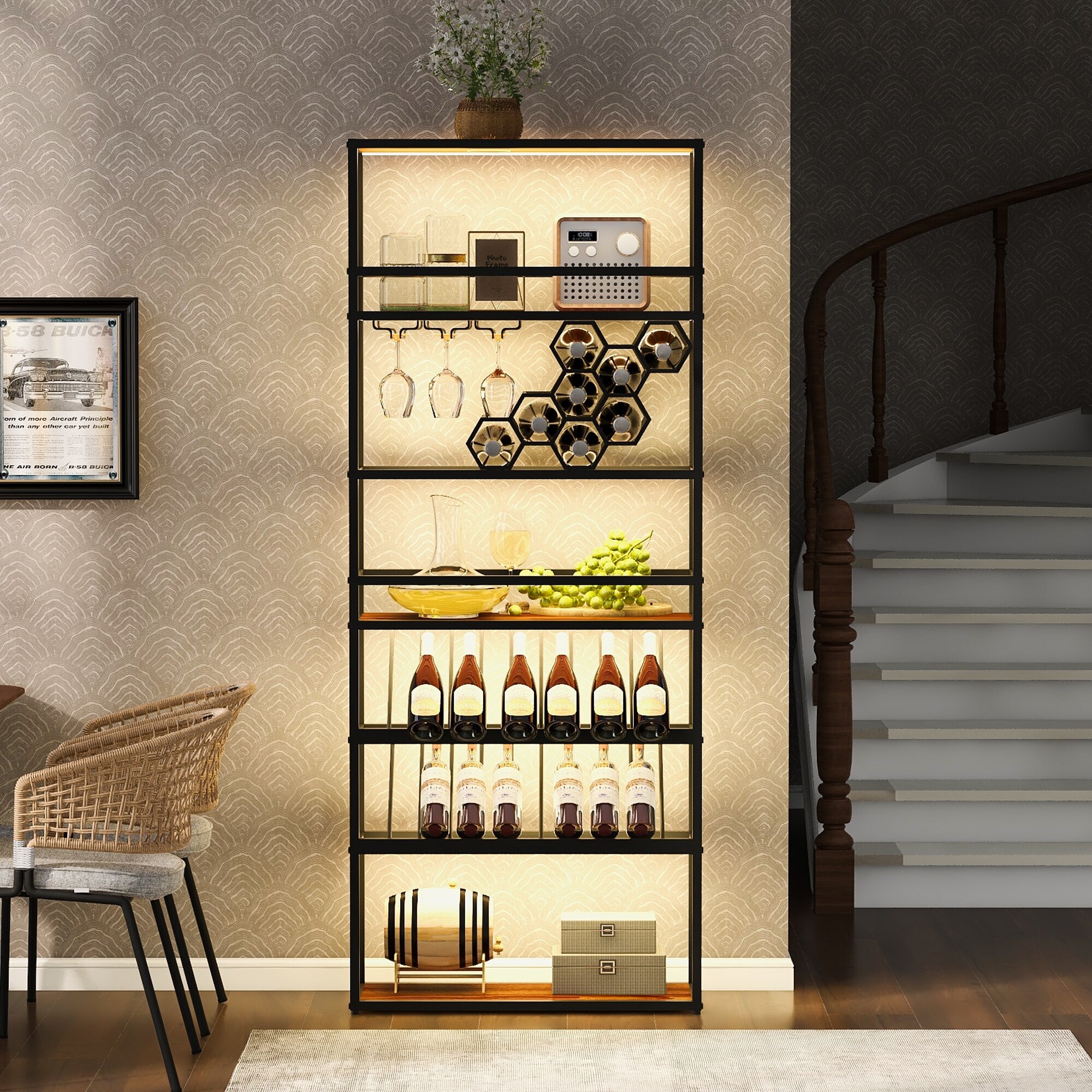 Gold Contemporary LED Tall Bar Storage Cabinet Standing Honeycomb Wine Rack with Glass Rack Black