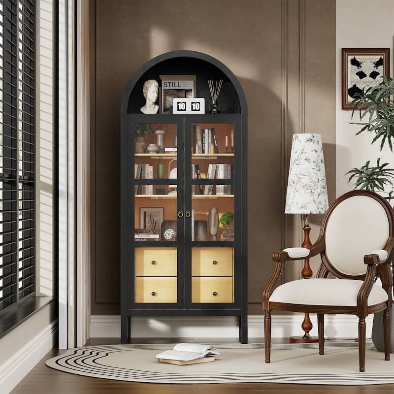 Modern Arched Cabinet with Glass Doors,72" Tall Arch Storage Cabinet with Height Adjustable Shelf and 2 Drawers Bookshelf