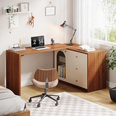 L Shaped Computer Desk With Storage Drawers, 47 Inch Reversible Long Desk Study Writing Table Workstation For Home Office