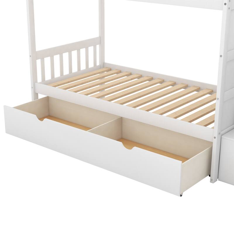 Twin Over Full/Twin Bunk Bed with Storage Shelves, Drawers, and Convertible Bed