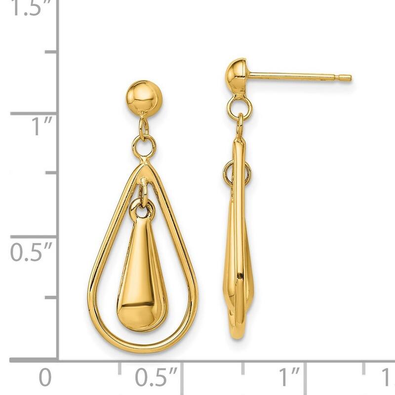 Curata 14k Yellow Gold 28x12mm Double Tear Drop Dangle Post Earrings