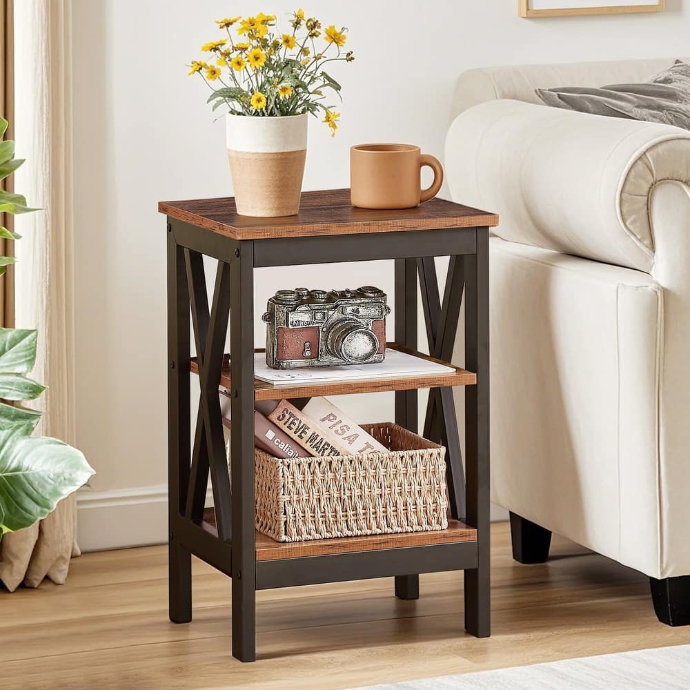 VECELO Modern End Tables with 3-Tier Open Storage Shelves X-Shaped Side Sofa Side Tables and Nightstands