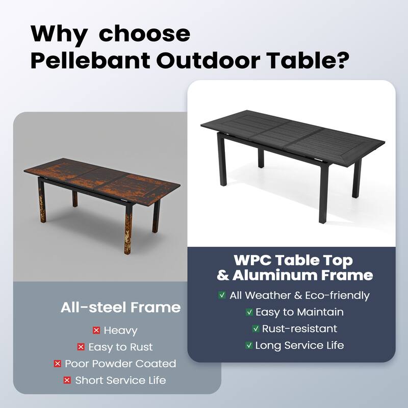 7PC Pellebant Outdoor Patio Aluminum Expandable Dining Table WPC Top with Stackable Armchairs
