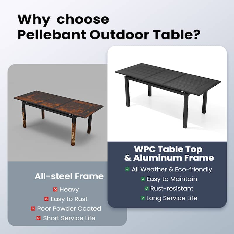 7PC Pellebant Outdoor Patio Aluminum Expandable Dining Table WPC Top with Stackable Chairs