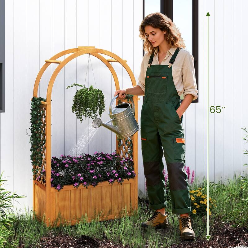 Gymax Wooden Raised Garden Bed w/ Lattice Trellis Arched Roof Liner