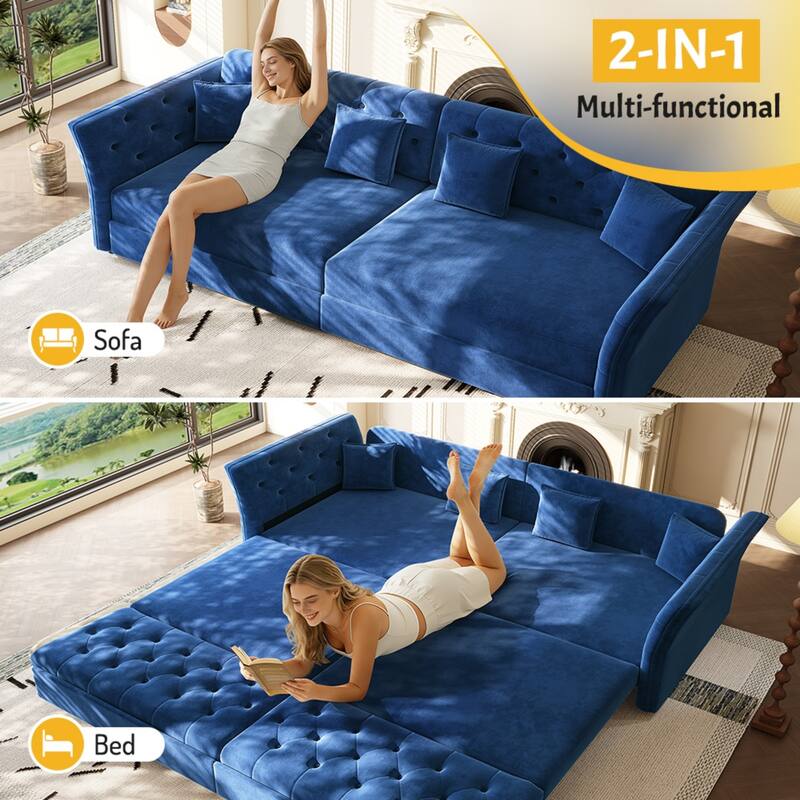 100" Velvet Convertible Sofa Bed with with Fabric Flower Tufted Design