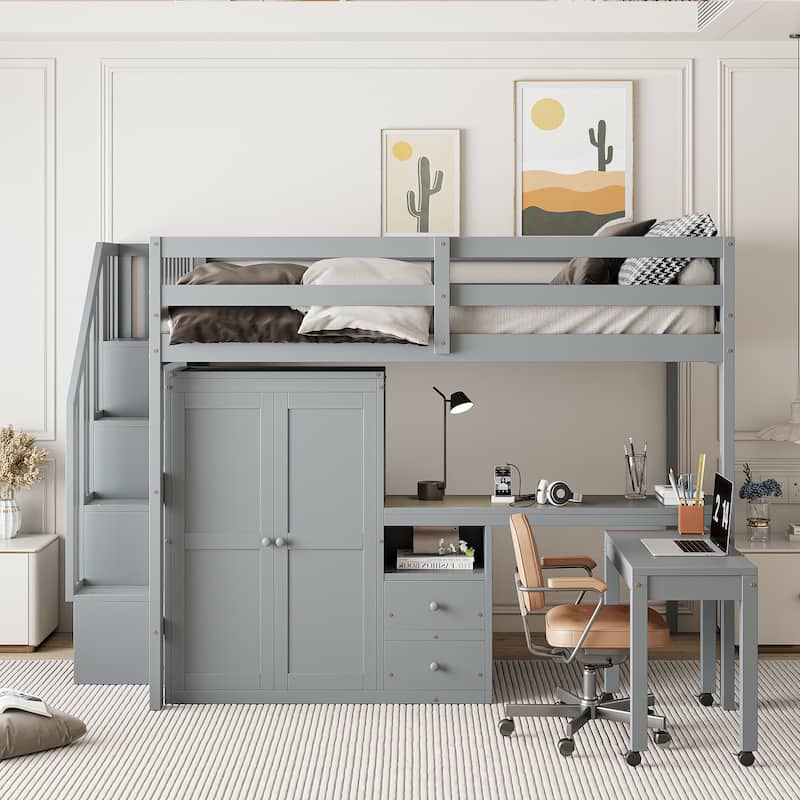 Full Size Loft Bed with Stairs, Bookshelf, Drawers, Desk & Wardrobe - Space-Saving Multifunctional Furniture for Kids & Teens