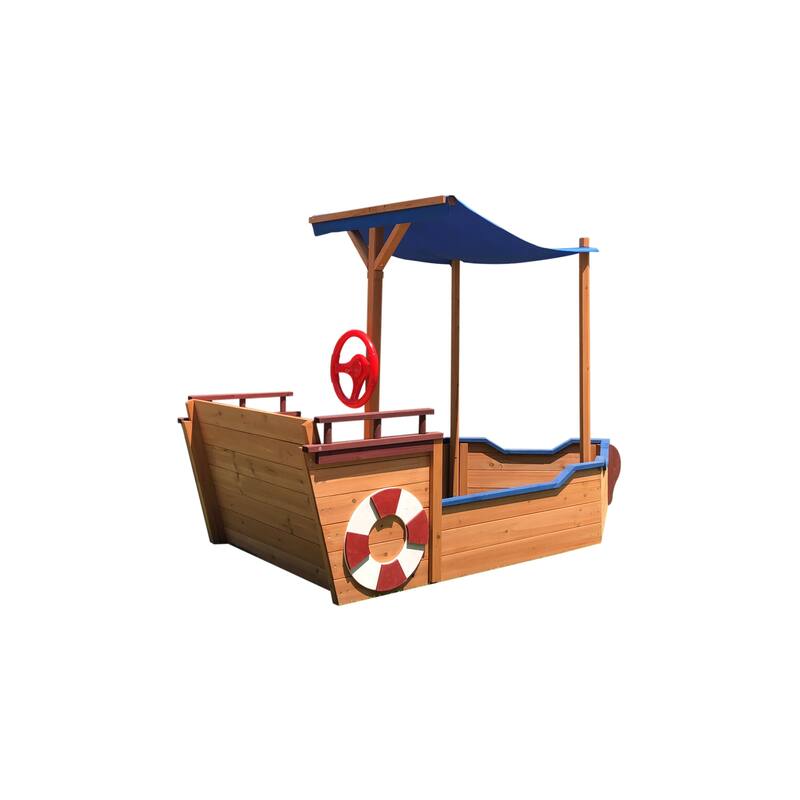 Outsunny Pirate Ship Sandbox with Cover and Rudder, Wooden Sandbox with Storage Bench and Seat, Outdoor Toy for 3-8 Years Old