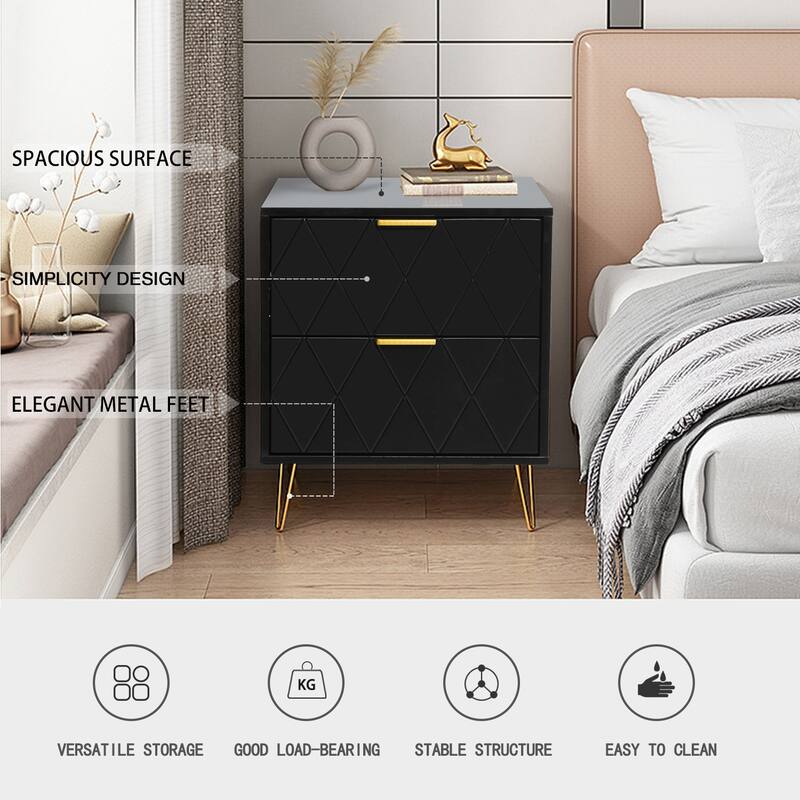 2 Drawers Nightstand Metal Legs End Side Table Bedside Table