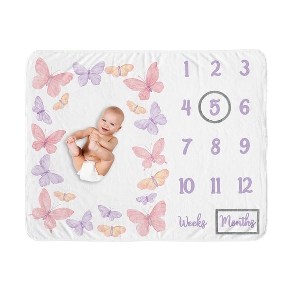 slide 2 of 6, Sweet Jojo Designs Pink/Purple Shabby Chic Butterfly Girl Baby Monthly Milestone Blanket - Colorful Butterflies Lilac Watercolor