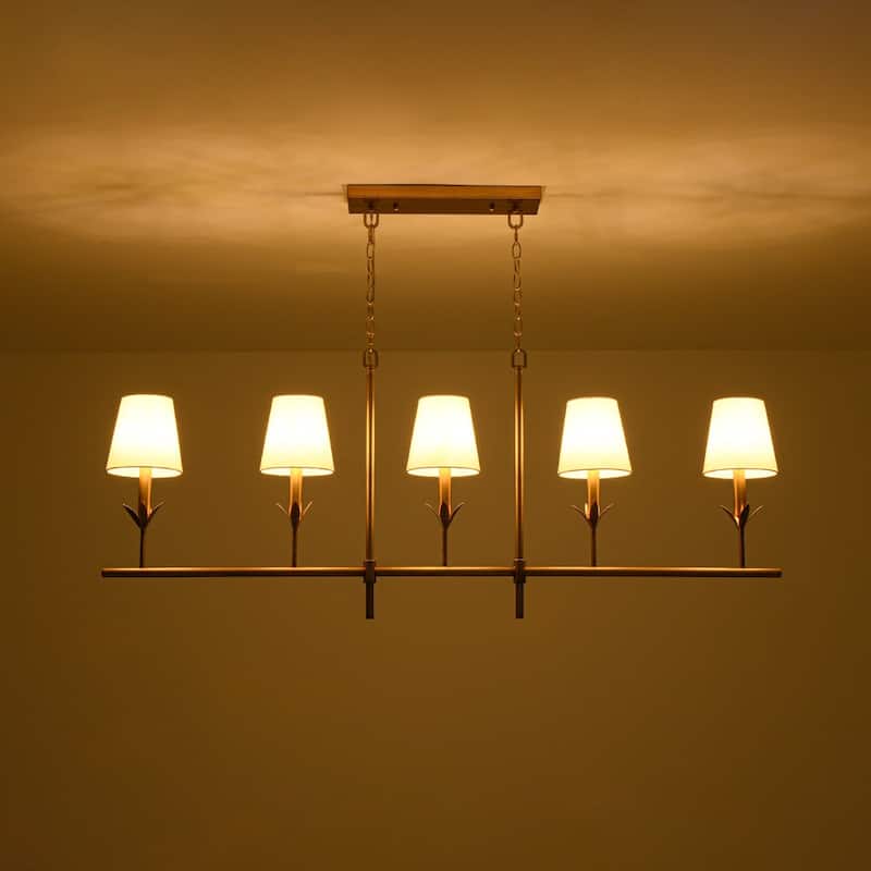 Mid-Century 5-Light Candle White Fabric Linear Island Pendant