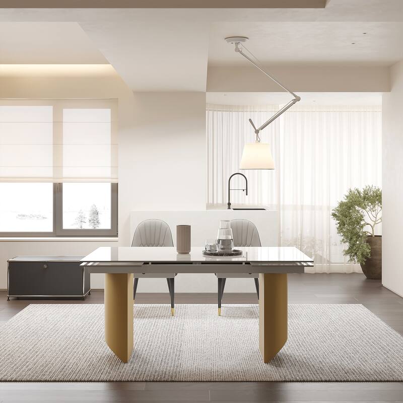 9 - Piece 94.48'' Extendable Sintered Stone Dining Table with 8 Chairs Dining Set - Chanel White & Gold leg