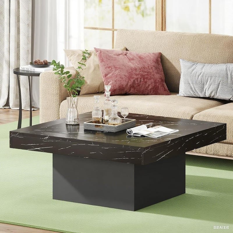 35.4” Square Rustic Wooden Coffee Table with LED Light for Living Room or Bedroom Furniture - 35.4”L x 35.4”W x 17.7”H