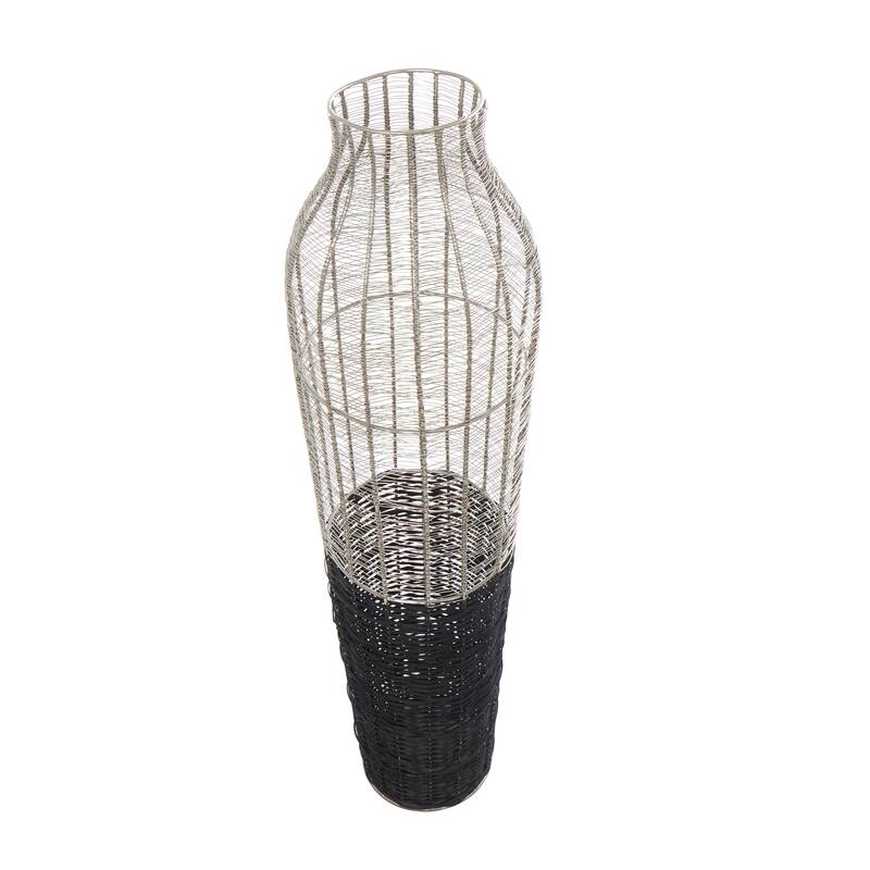 Silver Metal Tall Vase with Woven Black Rattan Base