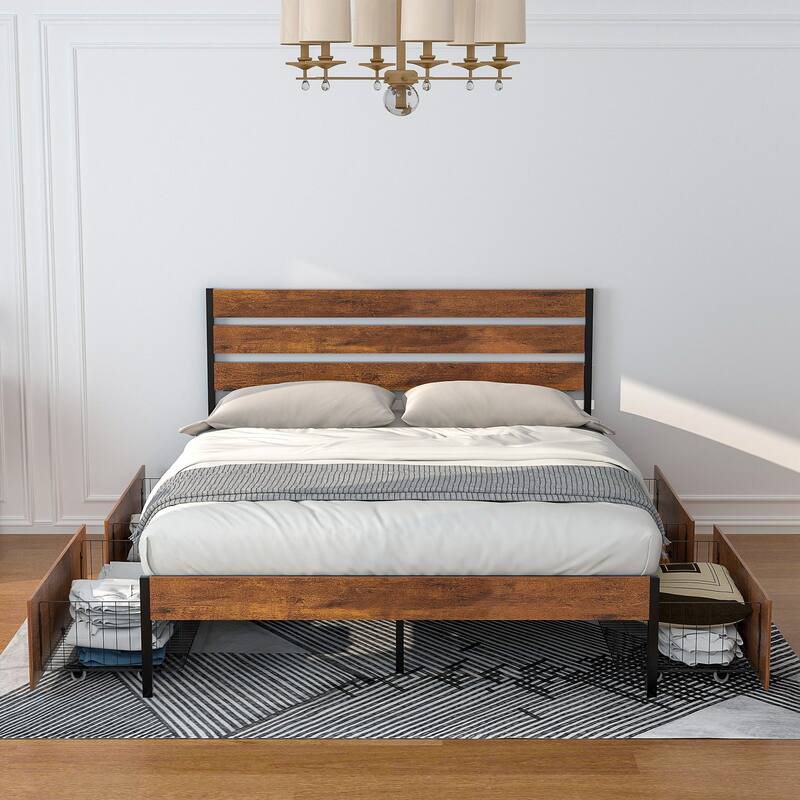 VECELO Upholstered Full/Queen Size Platform Bed Frame with 4 Storage Drawers - Brown - Queen