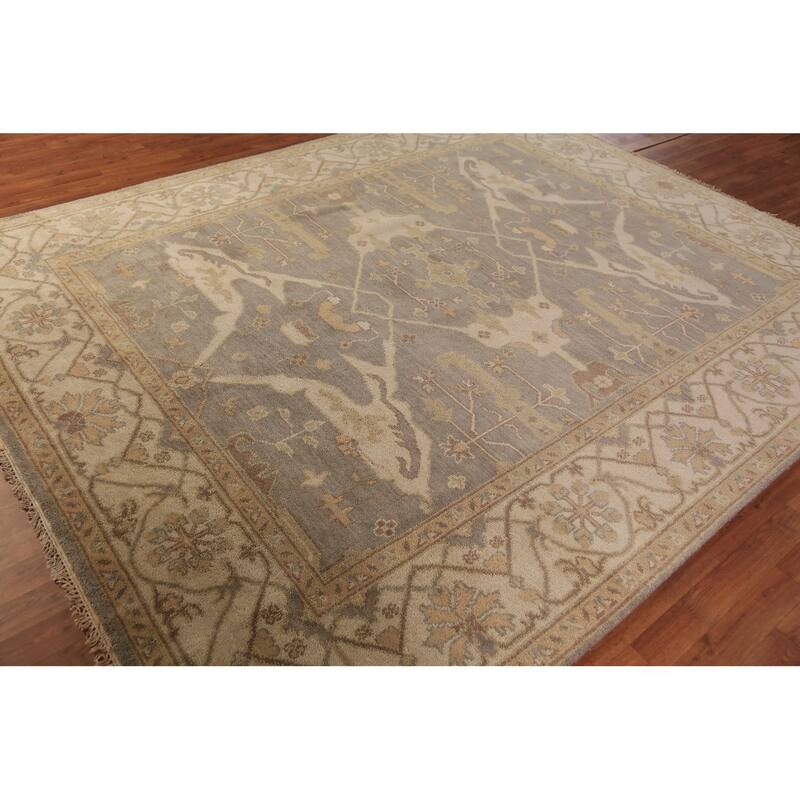 Gray Transitional Oushak Area Rug Hand-Knotted Floral Wool Carpet - 7'11"x 9'9"