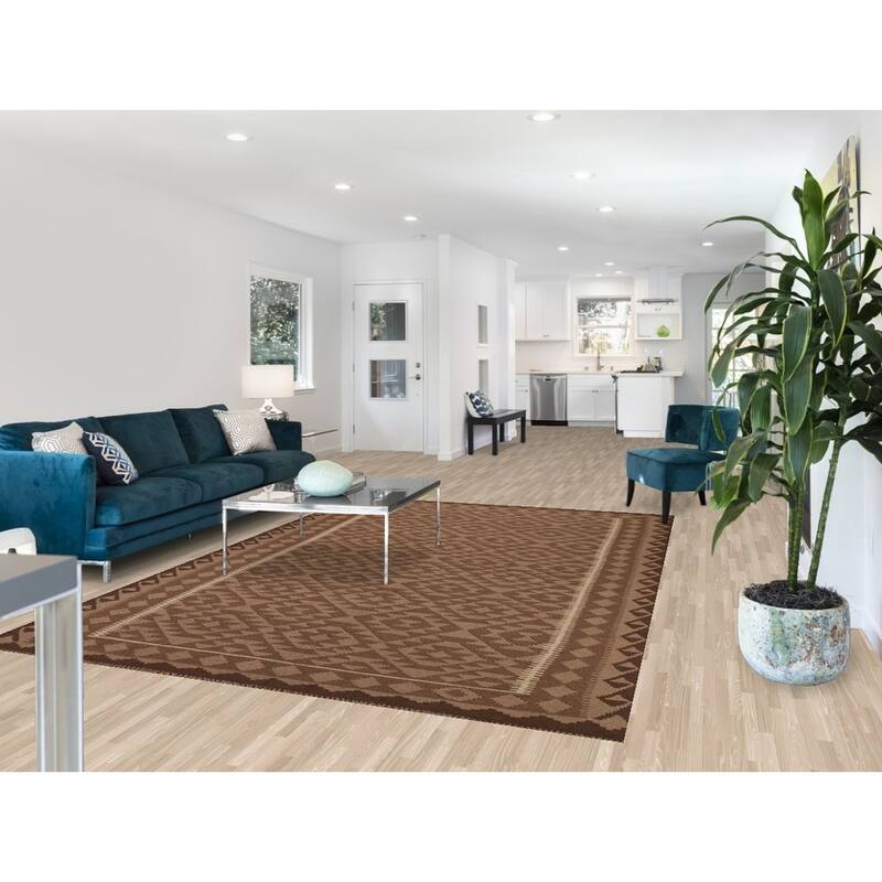 Brown Kilim Geometric Area Rug Flat-weave Wool Carpet - 6'11"x 10'0"