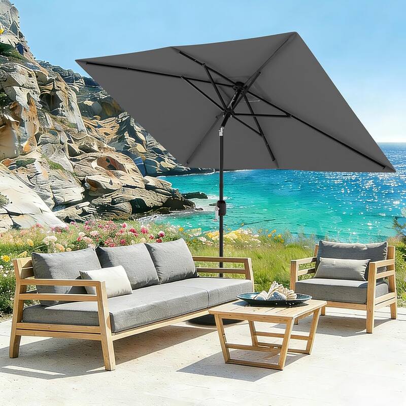 10' x 6.5' Solar Patio Umbrella with Crank and Push Button Tilt for Garden, Deck, Lawn, Pool (No Base) - Grey
