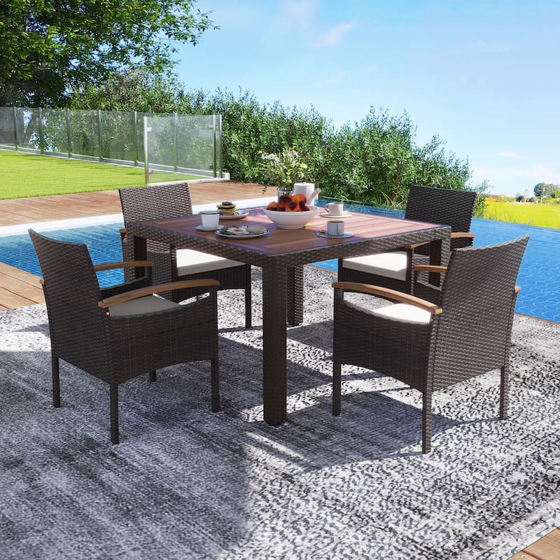 PE Rattan and Acacia Wood Outdoor Lounge Chairs Set with Cushions and Armrests for Garden or Porch - 25” x 23” x 34” (L x W x H)