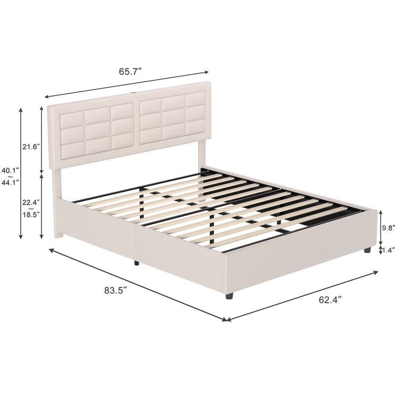 Javlergo Full Queen Size Bed Frame with USB Charging Station Adjustable Height Upholstered Headboard No Box Spring Needed
