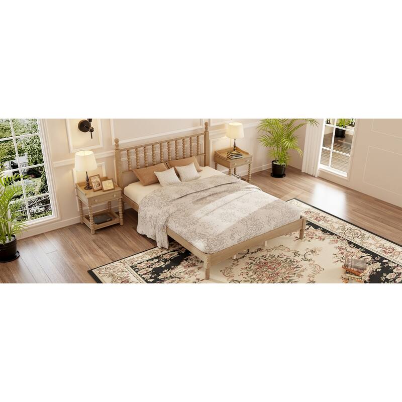 Natural Wood Queen Platform Bed with Curved Gourd Headboard, Vintage-Inspired Frame with Sturdy Slat Support