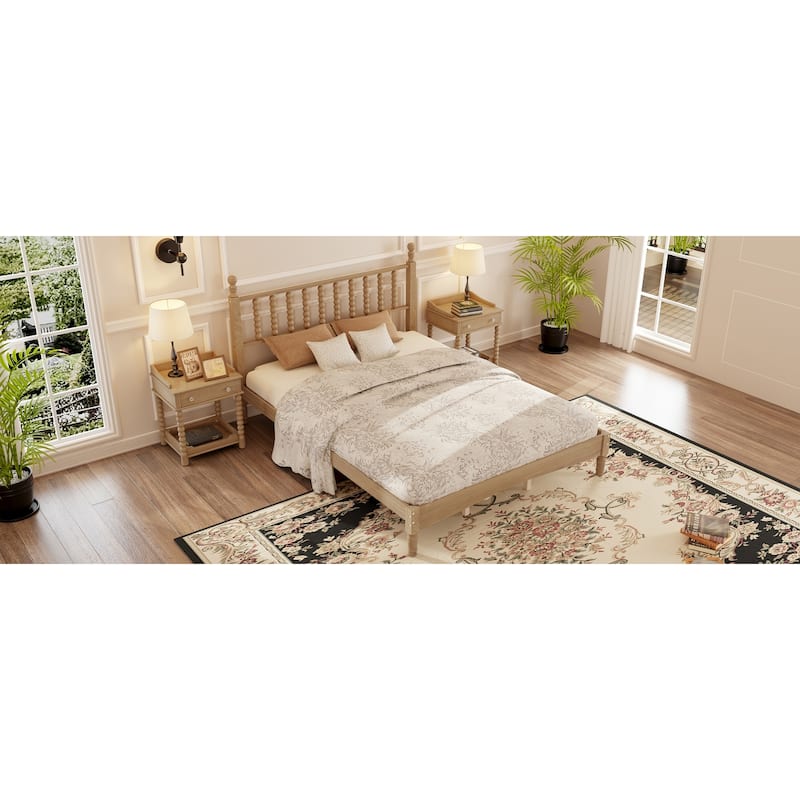 Wood Platform Bed Frame with Gourd Shaped Headboard, Retro Style Low Profile Bed with Wooden Slat Support, No Box Spring Needed