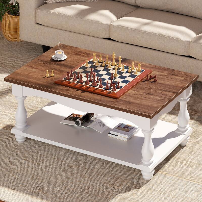French Country Coffee Table with Storage Shlef, Farmhoues Retangular Living Room Table