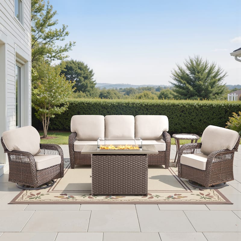 Pocassy Patio Sofa Ottoman Swivel Chair Table with Fire Table Set. - Brown Wicker Beige Cushion - 5-Piece Sofa Swivel Chair Table w/ Fie Pit Table