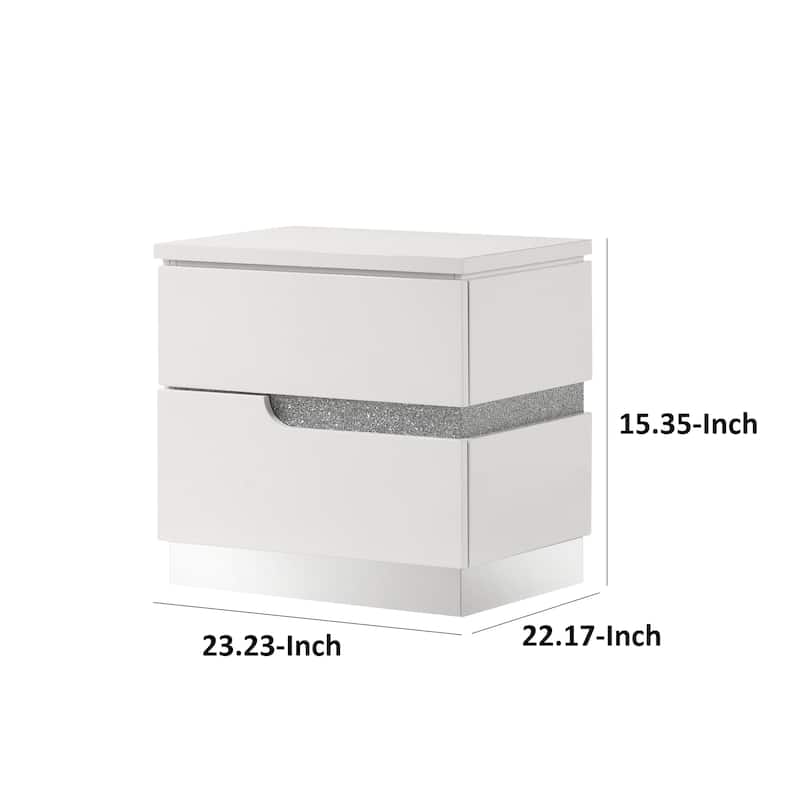 Ara 23 Inch Nightstand, 2 Drawers, Crystal Accents, White Laminate Finish