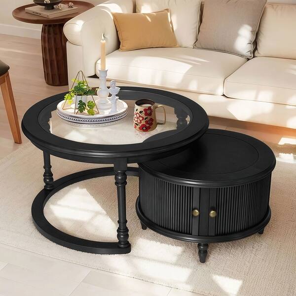 Modern Nesting Coffee Table Set with Glass and Solid Wood Frame - Bed ...