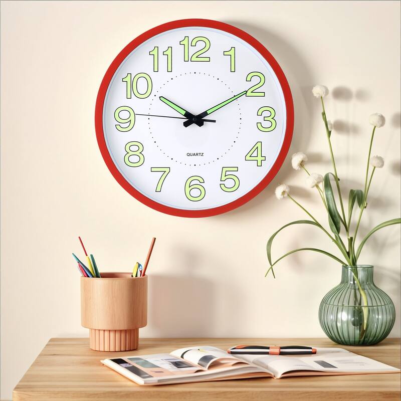 Wall Clock, Silent Non Ticking Battery Operated Modern Glow-In-The-Dark Clocks for Home 12 x 12 x 1.6 inch - 12 x 12 x 1.6 inch - Red